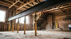 Structural steel beam supported by adjustable steel props during residential home renovation