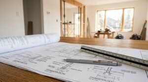 Architectural blueprints with ruler and drafting pencil on a table at a home renovation site