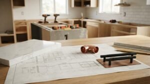 Fountain pen lying on a printed document next to floor plan blueprints on a dark walnut desk with a modern kitchen in the background