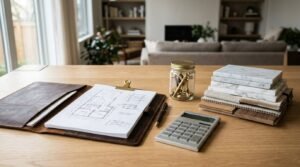 Home renovation budget planning with architectural floor plans, calculator, material samples, and renovation cost estimation workspace