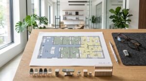 Color-coded dental clinic floor plan displayed on a wooden desk with miniature furniture models, glasses, and a pen in a modern office