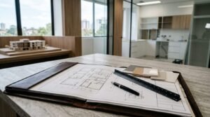 Architectural floor plans with a ruler, pen, and material samples displayed on a countertop inside a modern dental clinic under construction