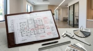 Architectural floor plans with approval markups displayed in a leather portfolio alongside measuring tools and material samples inside a modern dental clinic