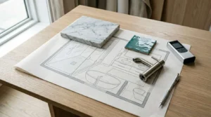 Bathroom floor plan with selected tile, stone, and fixture samples prepared for renovation design and material planning.