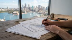 Person reviewing development application forms and site plans on a desk with a city skyline in the background, illustrating the NSW DA submission process.