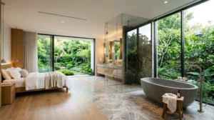 Open-plan bedroom and bathroom with a freestanding tub, glass shower, and lush garden views through floor-to-ceiling windows