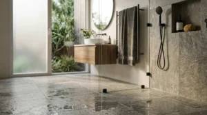 Modern wet room with frameless glass shower, large-format stone tiles, floating timber vanity, black fixtures, and a linear floor drain