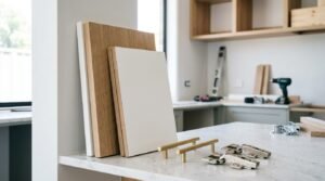 Flat-pack cabinet door panels, brass handles, concealed hinges, and installation tools displayed on a countertop during a kitchen renovation.