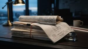 Stacked architectural approval documents, rolled blueprints, and project plans on an office desk.
