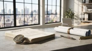 Construction permit documents, rolled blueprints, drafting tools, and architectural plans arranged on a modern office desk with a city skyline in the background.