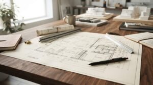 Architectural floor plans with drafting tools on a wooden desk for home renovation planning.