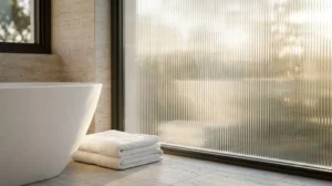 Modern bathroom featuring a freestanding bathtub beside a fluted glass privacy window, allowing natural light while maintaining privacy