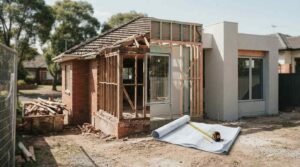 Home knockdown and rebuild project showing old house demolition beside a newly framed modern extension.