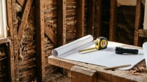 Renovation workbench with rolled architectural plans, measuring tape, flashlight, and pencil inside a stripped-back home, illustrating the planning stage of a residential remodeling project