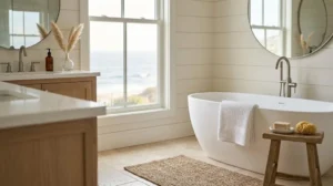 An ocean or beach view visible through the window, creating a relaxing coastal atmosphere