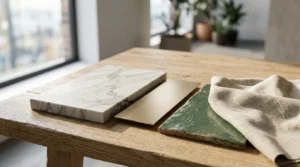 Interior design materials including marble, brass, green tile, and fabric samples arranged on a wooden table