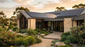 Modern sustainable house in NSW featuring rooftop solar panels, energy-efficient architecture, and native drought-tolerant landscaping, showcasing an eco-friendly residential home design.