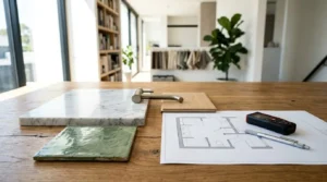 Bathroom design materials and floor plan on a wooden table, featuring marble, tile, wood, and fixture samples in a bright modern interior