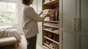 Built-in bedroom wardrobe with organized storage.
