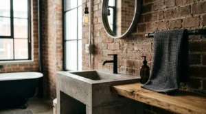 Industrial-style bathroom with exposed brick walls, concrete sink, black fixtures, timber vanity shelf, and vintage-inspired lighting