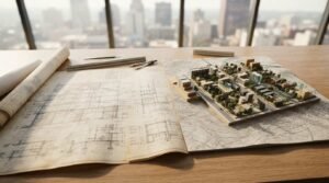 Architectural blueprints beside a miniature neighborhood site model, illustrating the difference between building permits and zoning approval for construction projects.