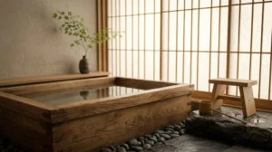 Japanese bathroom with a traditional Hinoki wood soaking tub, shoji screens, natural stone flooring, and minimalist Zen-inspired design