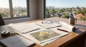 Text: Zoning approval documents, planning maps, blueprints, and application forms arranged on a desk, illustrating the NSW development approval process.