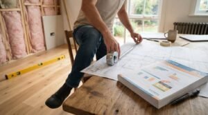 Renovation plans and energy efficiency documents on a workbench.