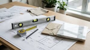 Home renovation blueprint with marble and tile samples, level, tape measure, and measuring tools on a planning table.
