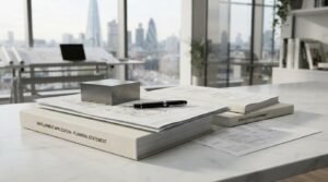 Architectural plans, planning documents, site assessment report, and design drawings arranged on a modern office desk for project development.
