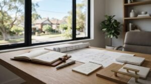 Home renovation planning workspace featuring architectural blueprints, an open notebook, material samples, cabinet hardware, and design notes on a wooden desk, representing residential remodeling and interior design planning.