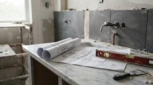 Bathroom renovation workspace with rolled architectural blueprints, construction plans, a spirit level, and partially installed wall tiles on a vanity countertop during a residential bathroom remodel.