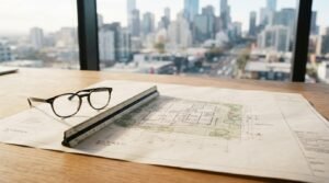 Architectural site plan with ruler and eyeglasses on a desk overlooking a modern city skyline.