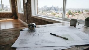 Renovation plans, measuring tape, and architectural drawings on a table overlooking a home renovation project.