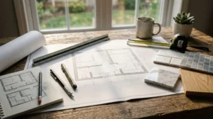 Bathroom floor plan surrounded by tile, stone, and timber samples, measuring tools, and design sketches for renovation planning.