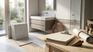 Bathroom renovation workspace with council approval documents and construction plans.