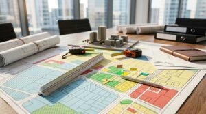 Zoning map with planning documents, measurement tools, and a site model on a conference table, representing collaboration with planning and development professionals.