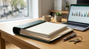 Documents, laptop, keys, and pen on a home office desk.