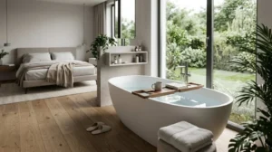 Open-plan bedroom and bathroom featuring a freestanding bathtub, wood flooring, and large windows overlooking a garden