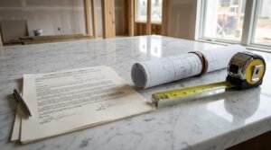 Residential building contract, blueprints, and measuring tape on a countertop.