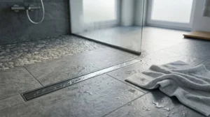 Linear shower drain installed in a wet room with large-format stone tiles, frameless glass screen, and water-resistant flooring