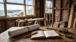 Building permit plans, notebook, and measuring tools on a workbench at a renovation site.