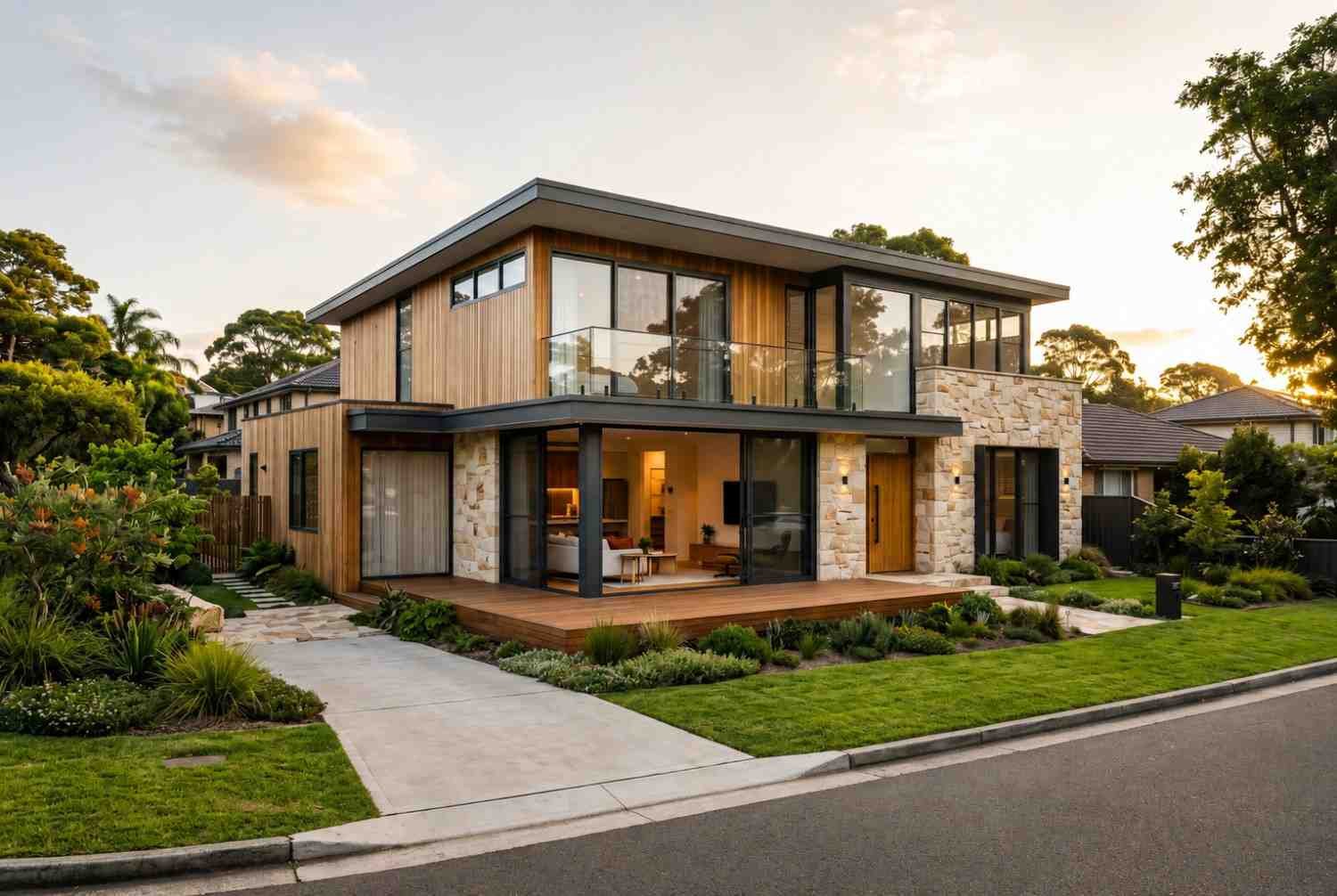 Contemporary two-story custom home with timber cladding, stone facade, large windows, landscaped front yard, and modern architectural design.