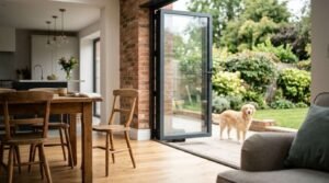 Open-plan ground floor extension with bi-fold doors opening to a landscaped garden and patio.