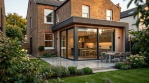 Modern ground floor extension with large sliding glass doors, open-plan kitchen, and landscaped backyard.