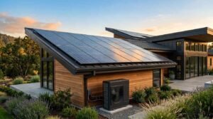 Modern home with rooftop solar panels and outdoor heat pump system.