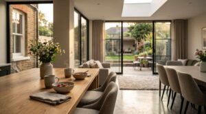 Bright open-plan ground floor extension with dining area, skylight, large sliding doors, and garden views.