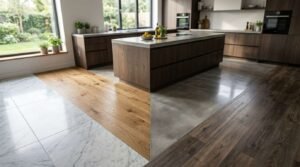Modern kitchen showcasing a comparison of marble tile, hardwood, polished concrete, and dark wood flooring.
