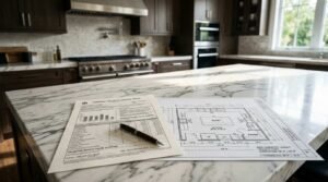 Kitchen renovation appraisal report and floor plan on a marble countertop in a modern kitchen.