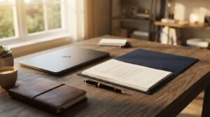 Documents, laptop, and pen arranged on a home office desk for project planning.